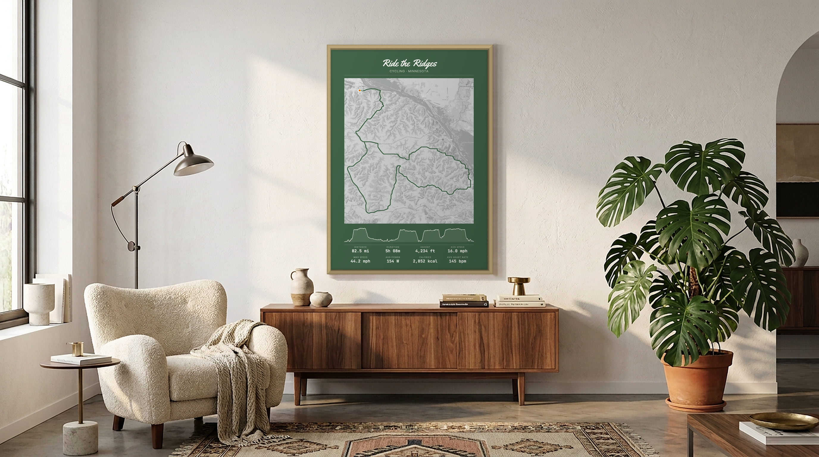 Ride the Ridges custom route poster, framed Large framed Ride the Ridges custom GPS route poster above a walnut sideboard in a mid-century living room